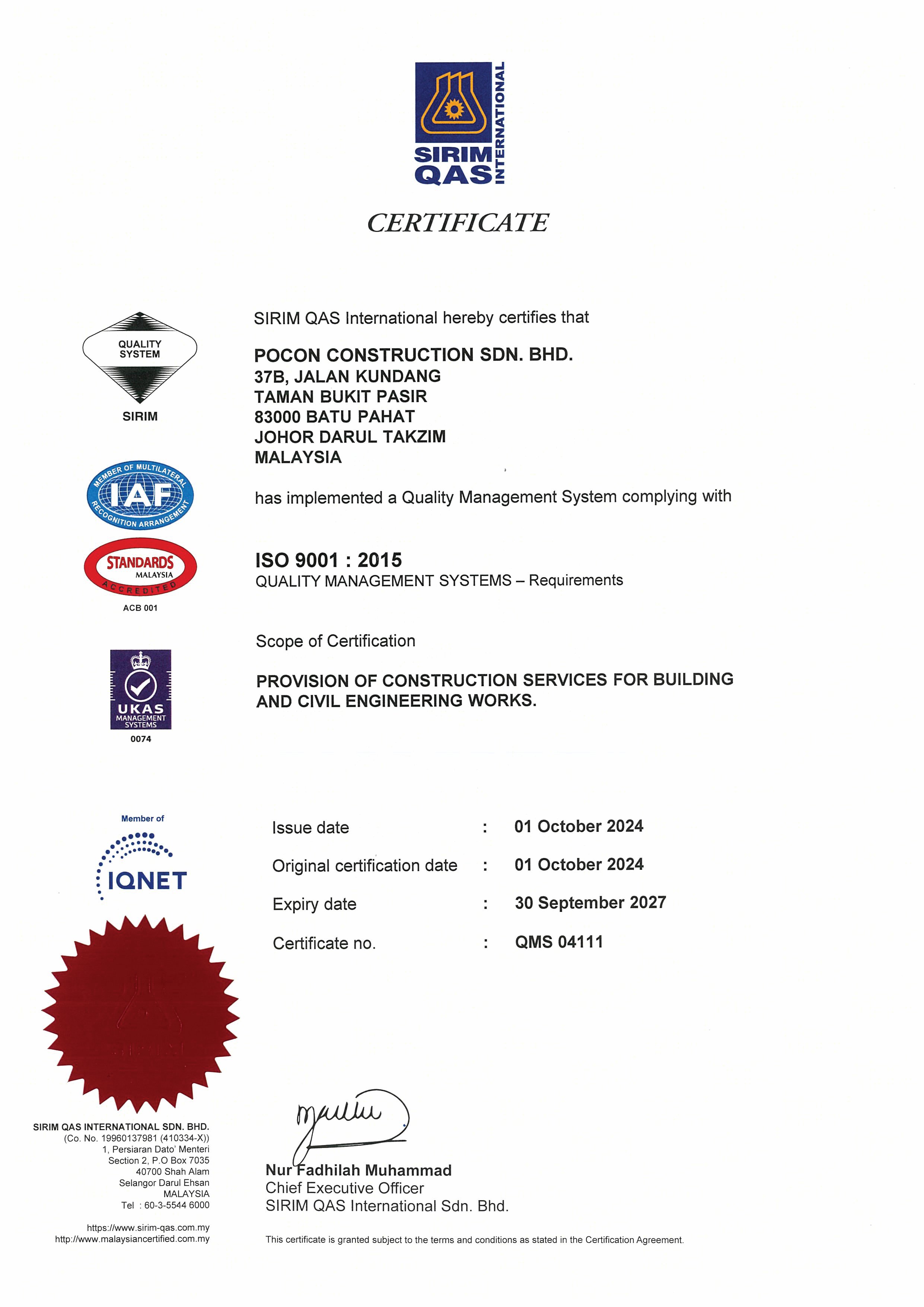 SIRIM QAS ISO 9001:2015 certificate