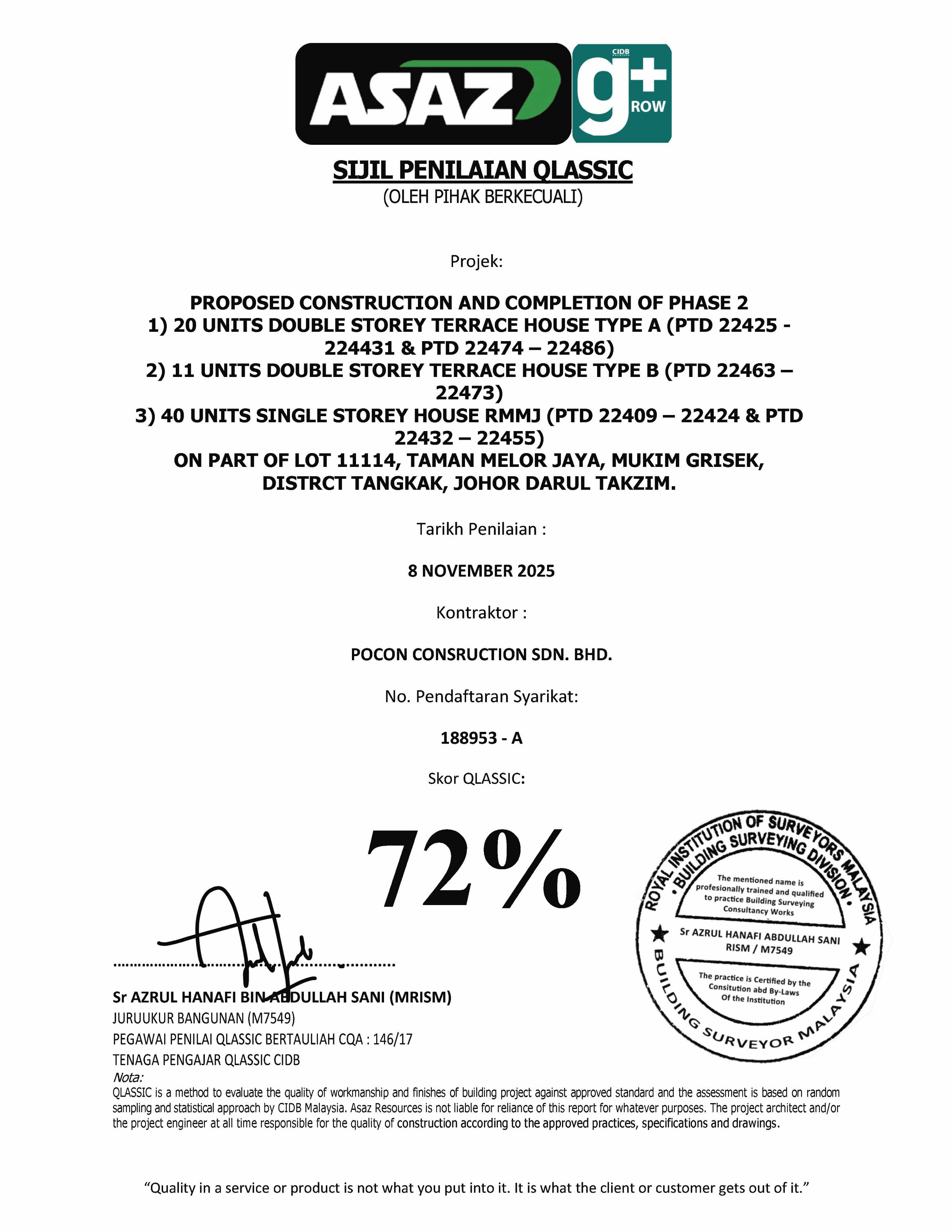 QLASSIC 72% certificate