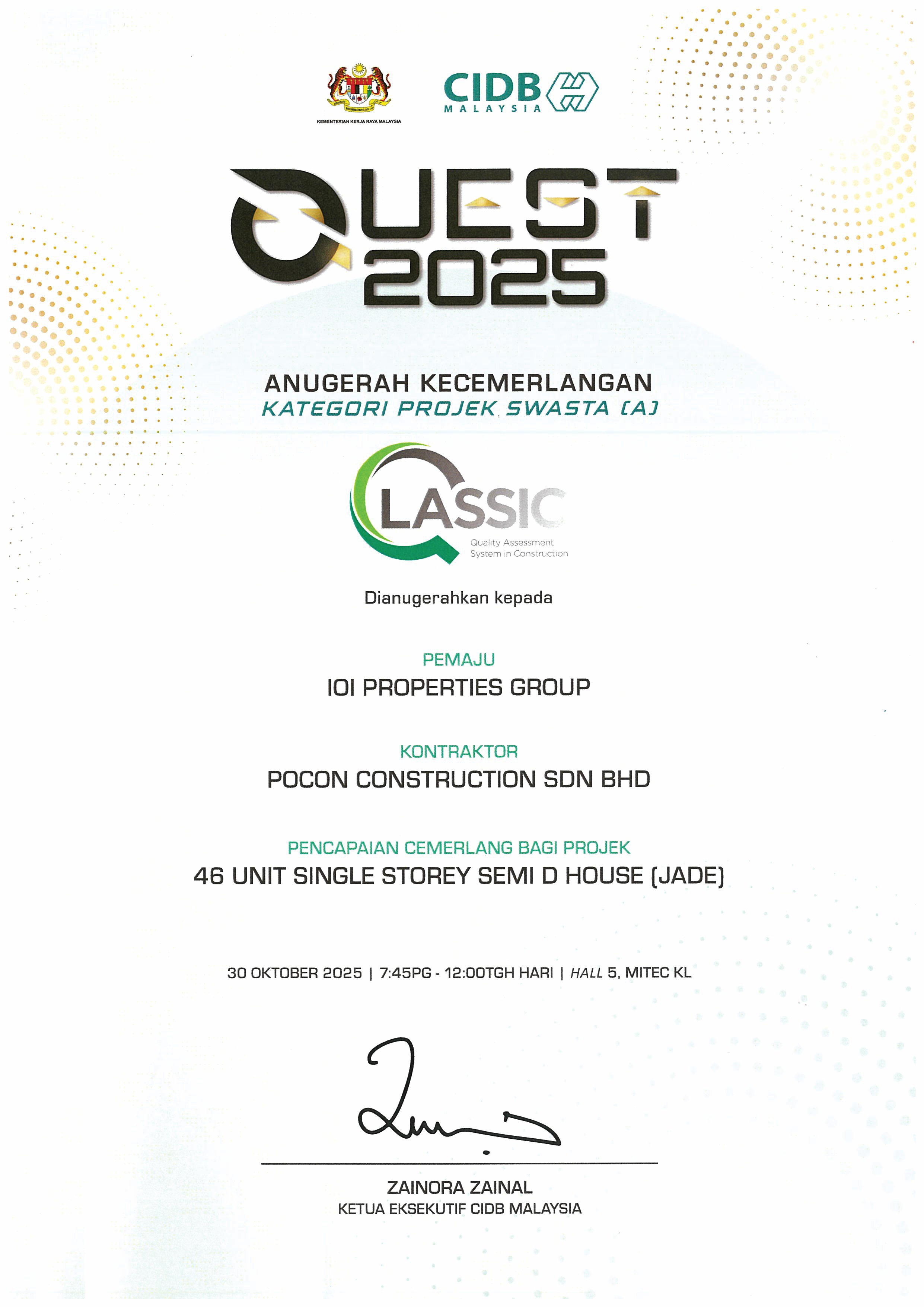 QUEST 2025 Anugerah Kecemerlangan award from CIDB Malaysia
